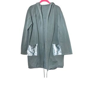 Tempo Paris Gray Hooded Jacket Sequin Pockets M/L Lightweight